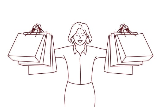 Happy young woman holding paper bags excited with shopping. Smiling female client or customer show purchases buying in mall. Consumerism. Vector illustration.