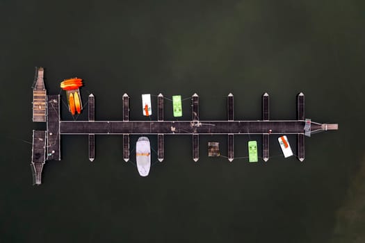 Aerial view of Sau Reservoir, in the Ter River, in the Province of Girona, Catalonia, Spain. After months without rain the level of the swamp is very low. jetty detail cenital