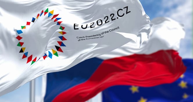 Prague, CZ. October 2022: Flags of the Presidency of the Czech European Council waving with the flags of Czech Republic and the EU. The Czechia will be president from 1 July to 31 December 2022