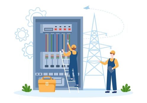 Lighting and Electricity Energy Maintenance Service Panel Cabinet of Technician Electrical Work on Flat Cartoon Hand Drawn Templates Illustration