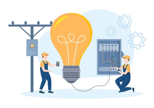 Lighting and Electricity Energy Maintenance Service Panel Cabinet of Technician Electrical Work on Flat Cartoon Hand Drawn Templates Illustration