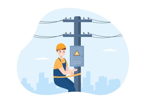 Lighting and Electricity Energy Maintenance Service Panel Cabinet of Technician Electrical Work on Flat Cartoon Hand Drawn Templates Illustration