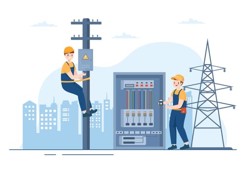 Lighting and Electricity Energy Maintenance Service Panel Cabinet of Technician Electrical Work on Flat Cartoon Hand Drawn Templates Illustration