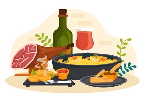 Spanish Food Cuisine Menu Restaurant with Various of Traditional Dish Recipe on Flat Cartoon Hand Drawn Templates Illustration