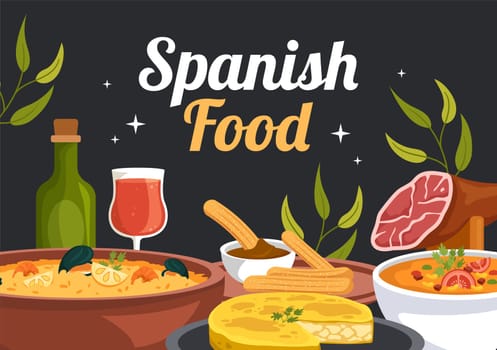 Spanish Food Cuisine Menu Restaurant with Various of Traditional Dish Recipe on Flat Cartoon Hand Drawn Templates Illustration