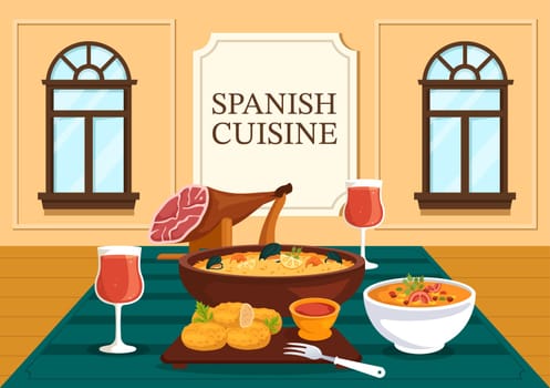 Spanish Food Cuisine Menu Restaurant with Various of Traditional Dish Recipe on Flat Cartoon Hand Drawn Templates Illustration