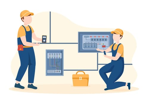 Lighting and Electricity Energy Maintenance Service Panel Cabinet of Technician Electrical Work on Flat Cartoon Hand Drawn Templates Illustration