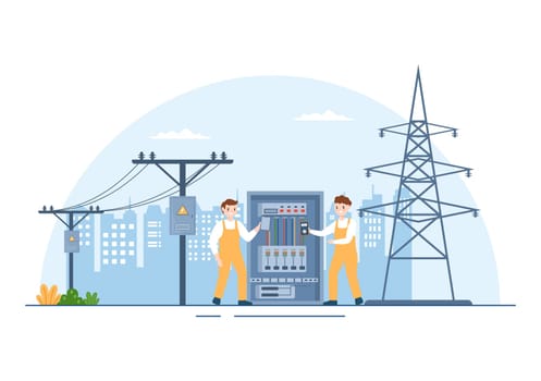 Lighting and Electricity Energy Maintenance Service Panel Cabinet of Technician Electrical Work on Flat Cartoon Hand Drawn Templates Illustration