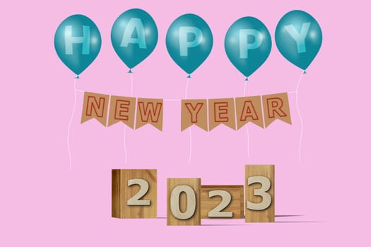 3D illustration New Year concept 2023 design with text on the wooden box and balloons on a pirouette color background.