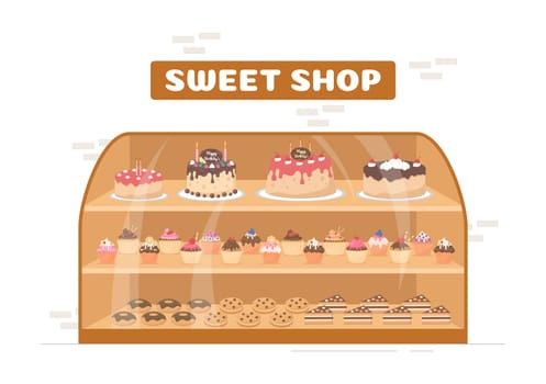 Sweet Shop Selling Various Bakery Products, Cupcake, Cake, Pastry or Candy on Flat Cartoon style Hand Drawn Templates Illustration