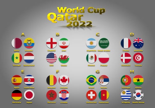 3d illustration groups of World Cup Qatar 2022 championship. All 32 qualifying countries.