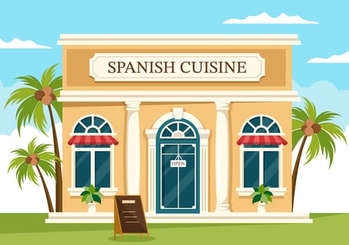 Spanish Food Cuisine Menu Restaurant with Various of Traditional Dish Recipe on Flat Cartoon Hand Drawn Templates Illustration