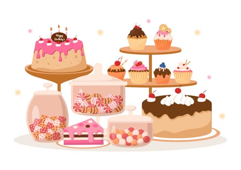 Sweet Shop Selling Various Bakery Products, Cupcake, Cake, Pastry or Candy on Flat Cartoon style Hand Drawn Templates Illustration