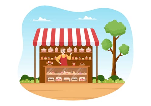 Sweet Shop Selling Various Bakery Products, Cupcake, Cake, Pastry or Candy on Flat Cartoon style Hand Drawn Templates Illustration