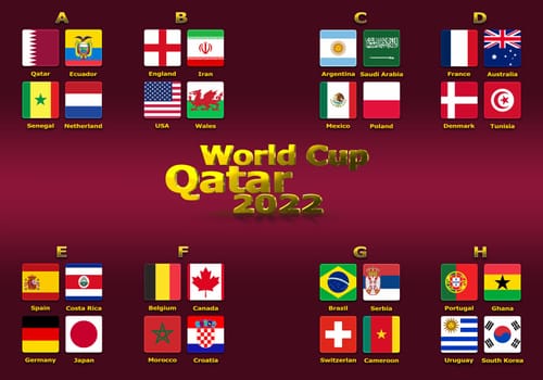 3d illustration groups of World Cup Qatar 2022 championship. All 32 qualifying countries. On the background of the flag of Qatar.