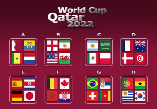 3d illustration groups of World Cup Qatar 2022 championship. All 32 qualifying countries. On the background of the flag of Qatar.
