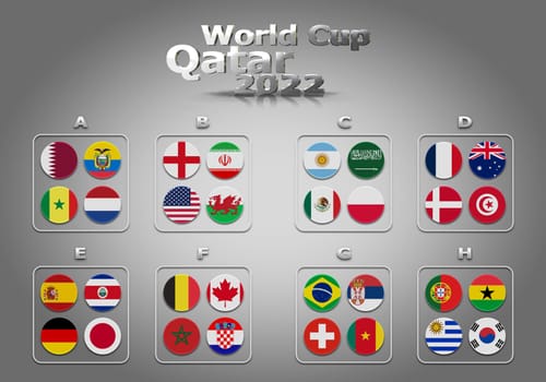 3d illustration groups of World Cup Qatar 2022 championship. All 32 qualifying countries.