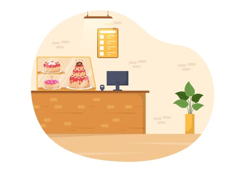 Sweet Shop Selling Various Bakery Products, Cupcake, Cake, Pastry or Candy on Flat Cartoon style Hand Drawn Templates Illustration