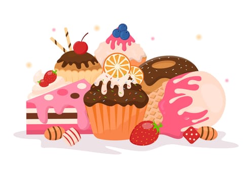 Sweet Shop Selling Various Bakery Products, Cupcake, Cake, Pastry or Candy on Flat Cartoon style Hand Drawn Templates Illustration