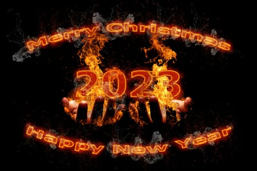 3D illustration New Year concept 2023 design with text fire design on the fire was burning hands.