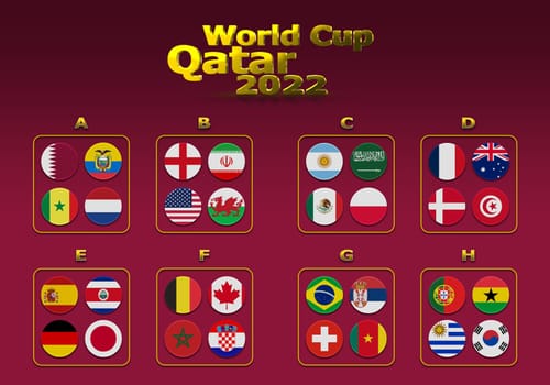 3d illustration groups of World Cup Qatar 2022 championship. All 32 qualifying countries. On the background of the flag of Qatar.
