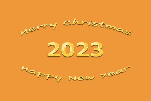 3D illustration New Year concept 2023 design with text gel design on a marigold color background.