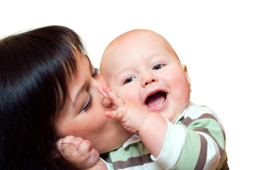 Young mother and her little son. Isolated on white background
