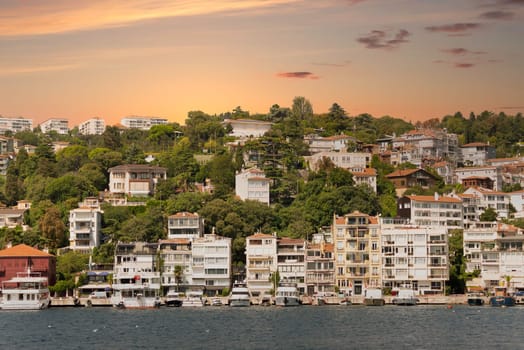 View from the sea of the green mountains of the Europian side of Bosphorus strait, with docked boats, traditional houses and dense trees in a summer day before sunset