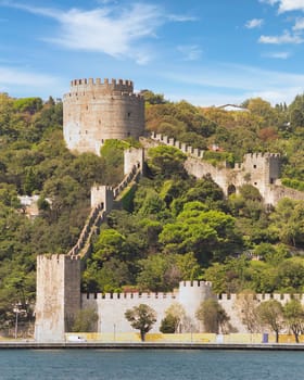View of ruins of Rumelihisari, Bogazkesen Castle, or Rumelian Castle, in a sunny day, located at the hills of the European side of Bosphorus Strait, Istanbul, Turkey, built by Ottoman Sultan Mehmet II