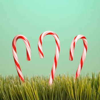 Still life of three  upright candy canes in  grass.