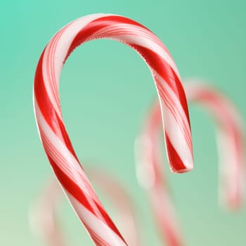 Still life of candy cane with blurred out candy canes in background.