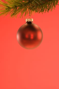 Still life of red Christmas ornament hanging from pine branch.