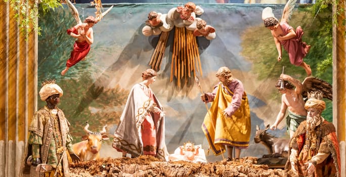 VENARIA REALE, ITALY - Circa January 2022: Italian crib - named presepe - with nativity. Traditional Christmas religious scene.