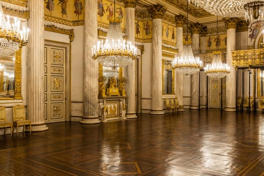 Turin, Italy - Circa January 2022: romantic old ballroom interior in Royal Palace, 1842