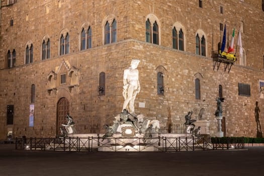 Florence, Italy - Circa June 2021:  architecture illuminated by night, Piazza della Signoria - Signoria Square. Urban scene in exterior - nobody.