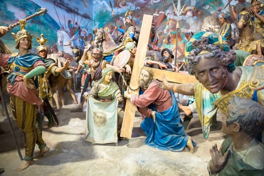 VARALLO, ITALY - June 2020: the Sacro Monte at Varallo comprises 45 chapels inserted into the large monumental complexes Nazareth, Bethlehem, Pilate’s house, Calvary, Sepulchre and Parella’s house – populated by more than 800 life size painted statues, that dramatically illustrate the life, passion, death and resurrection of Christ.