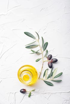 Olive oil and olive branch on white background