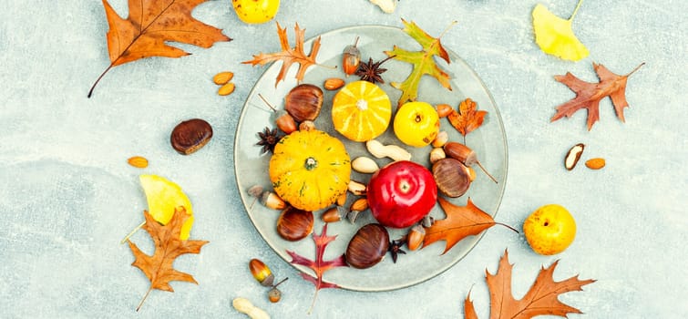 Set squash, autumn fruit, apples, and nuts on plate. Autumn still life