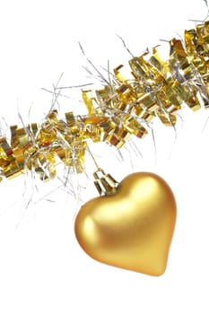 One golden Christmas heart, isolated on white background