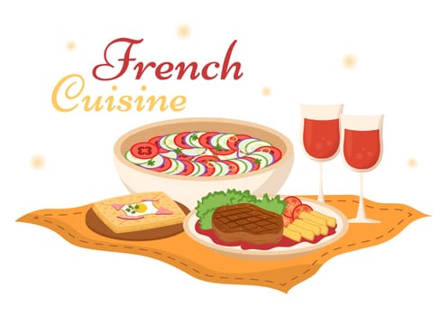 French Cuisine Restaurant with Various Traditional or National Food Dish of France on Flat Style Cartoon Hand Drawn Templates Illustration