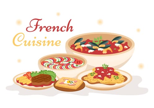 French Cuisine Restaurant with Various Traditional or National Food Dish of France on Flat Style Cartoon Hand Drawn Templates Illustration