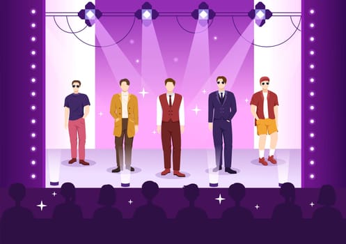 Fashion Men Show with Catwalk Male Models Display Clothes on Runway in Modern Trendy Outfits on Flat Cartoon Hand Drawn Templates Illustration