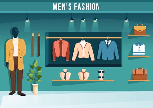 Fashion Men and Outfit of Fashionable Man in Boutique Indoor or Clothes Shop for Shopping on Flat Cartoon Hand Drawn Templates Illustration