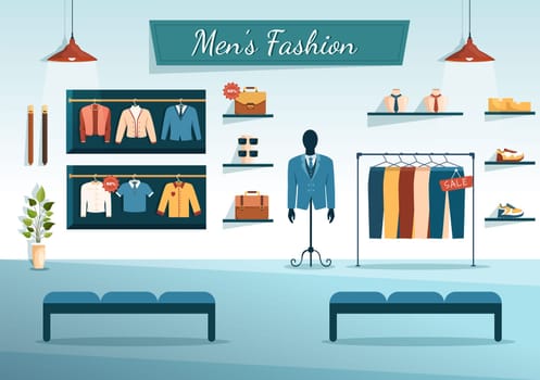 Fashion Men and Outfit of Fashionable Man in Boutique Indoor or Clothes Shop for Shopping on Flat Cartoon Hand Drawn Templates Illustration