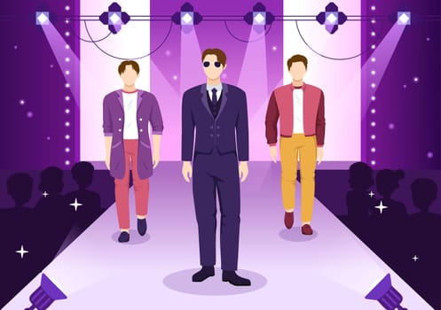 Fashion Men Show with Catwalk Male Models Display Clothes on Runway in Modern Trendy Outfits on Flat Cartoon Hand Drawn Templates Illustration