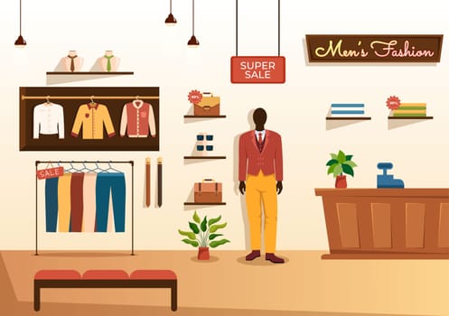 Fashion Men and Outfit of Fashionable Man in Boutique Indoor or Clothes Shop for Shopping on Flat Cartoon Hand Drawn Templates Illustration