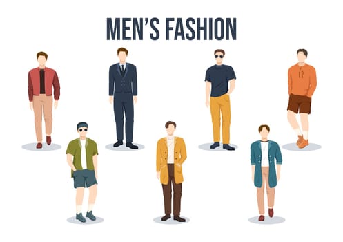 Fashion Men Show with Catwalk Male Models Display Clothes on Runway in Modern Trendy Outfits on Flat Cartoon Hand Drawn Templates Illustration