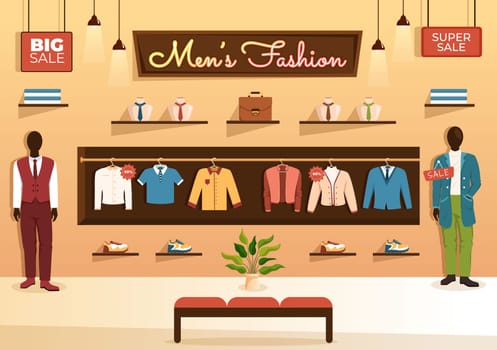 Fashion Men and Outfit of Fashionable Man in Boutique Indoor or Clothes Shop for Shopping on Flat Cartoon Hand Drawn Templates Illustration