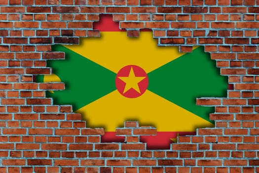 3D Flag of Grenada behind the broken old stone wall background.