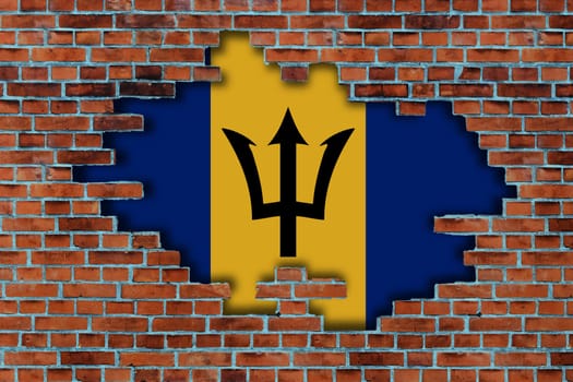 3D Flag of Barbados behind the broken old stone wall background.